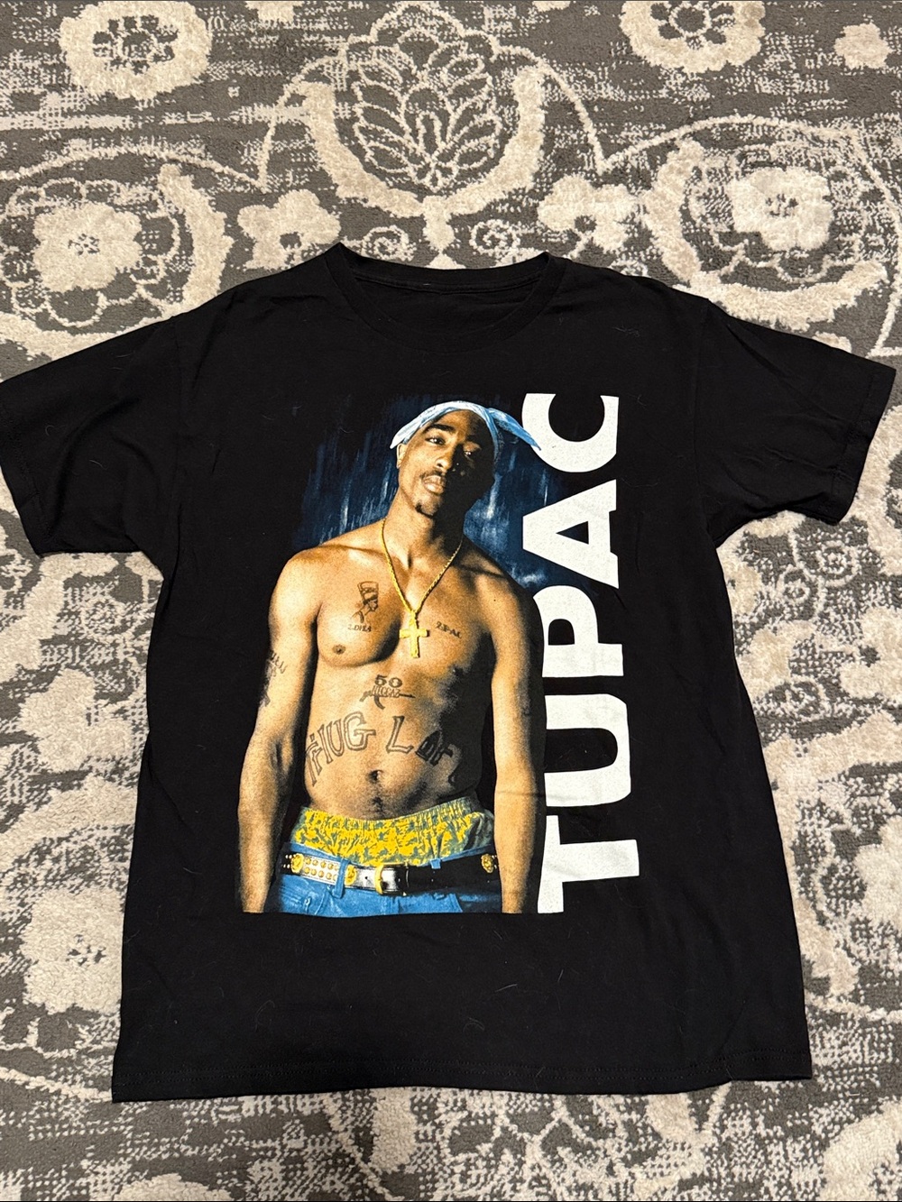Tupac Black Short Sleeve Graphic Crewneck Tee with Front Portrait Print